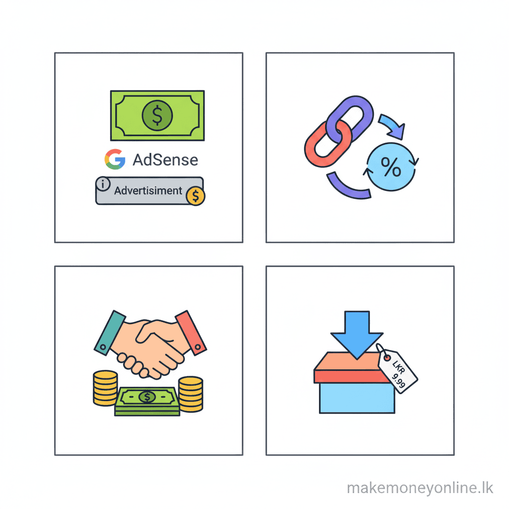 Blog monetization methods for Sri Lankan bloggers including AdSense, affiliate marketing, and sponsored content