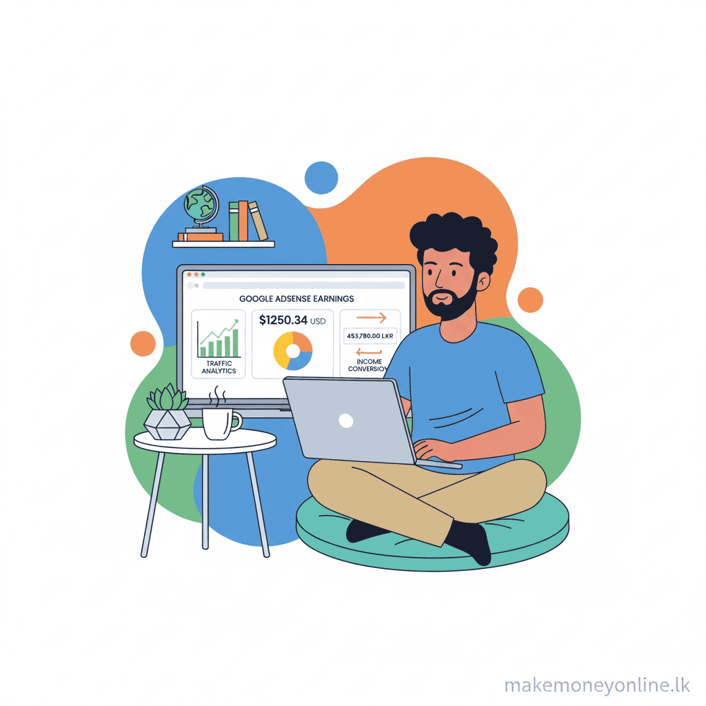Blogging income in Sri Lanka showing WordPress blog, Google AdSense earnings, and USD to LKR conversion