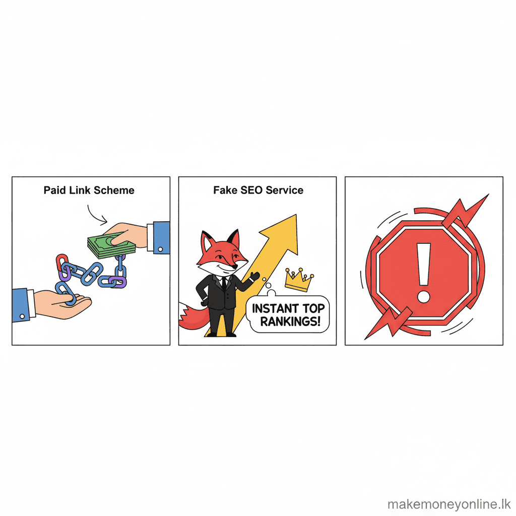 Blogging scam warning signs including paid link schemes, fake SEO services, and blog monetization fraud