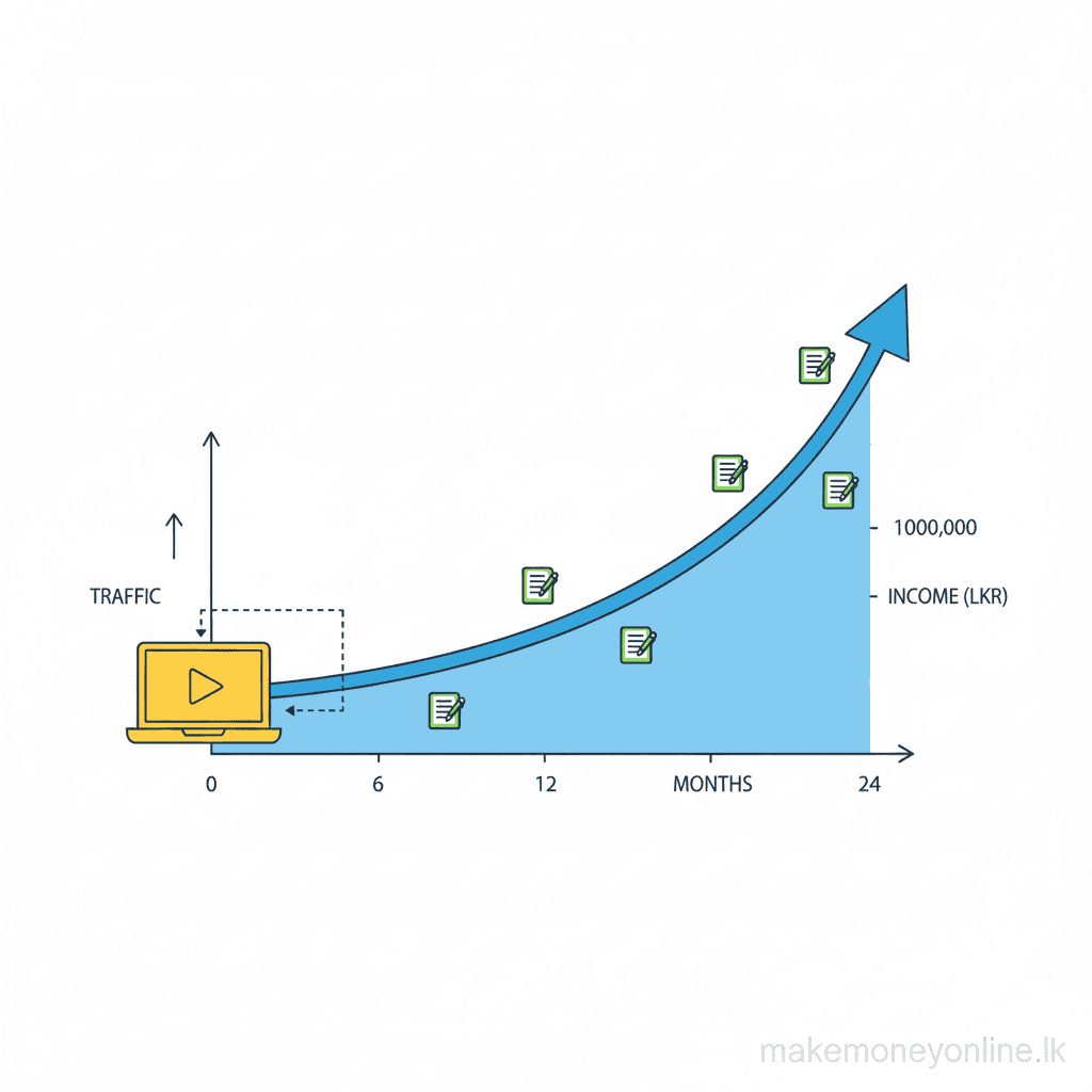 Blogging income potential in Sri Lanka showing traffic growth to monthly LKR income chart over 24 months