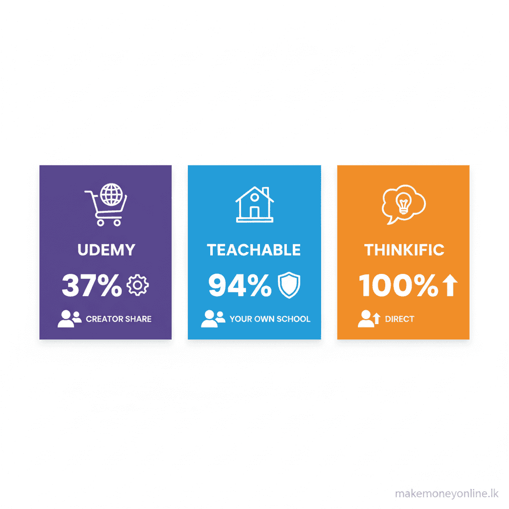 Online course platform comparison for Sri Lankan creators including Udemy, Teachable, and Thinkific