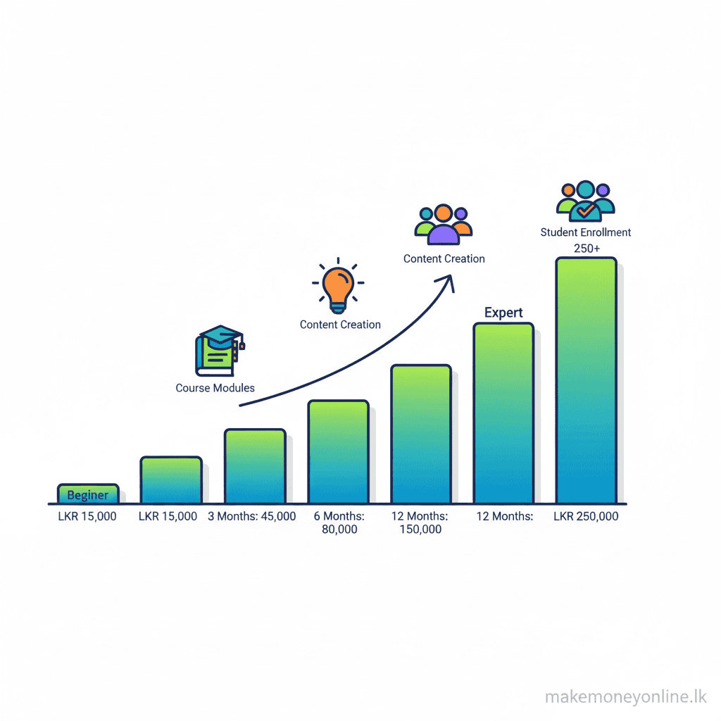 Online course income potential for Sri Lankan creators showing beginner to expert LKR income growth over 18 months