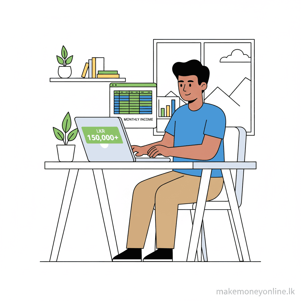 Data entry jobs from Sri Lanka showing typing on keyboard, spreadsheet work, LKR income, and legitimate platforms like Upwork
