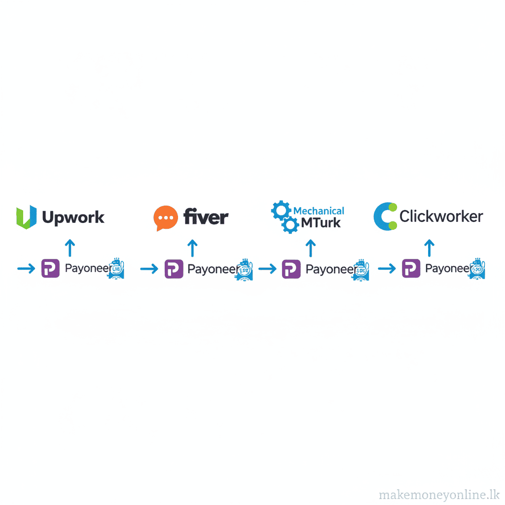 Platforms for data entry jobs in Sri Lanka including Upwork, Fiverr, Amazon Mechanical Turk, and Clickworker with payment methods