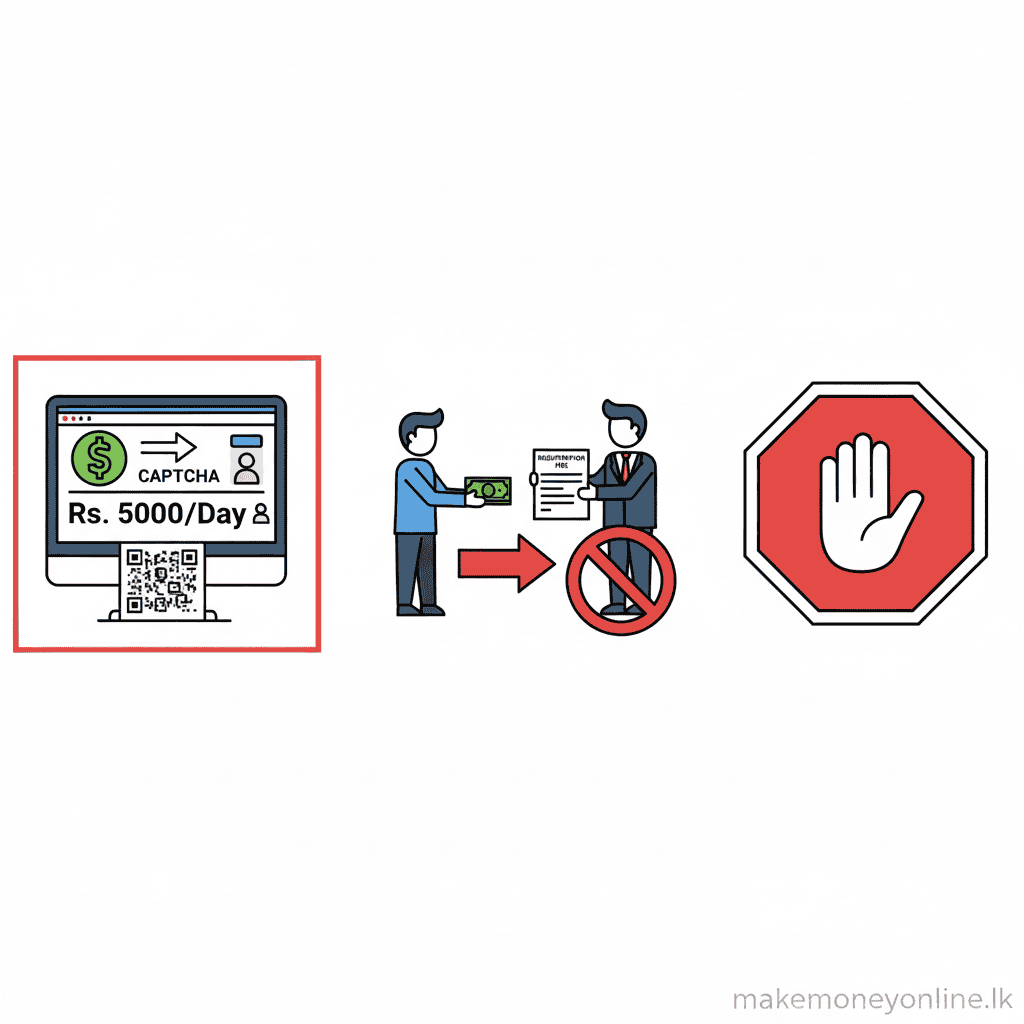 Data entry job scam warning signs in Sri Lanka including fake CAPTCHA sites, upfront registration fee demands, and payment certificate scams