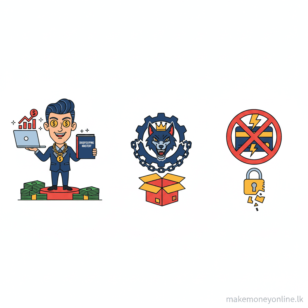 Dropshipping scam warning signs including fake mentorship courses, fraudulent suppliers, and payment processing scams targeting Sri Lankan sellers