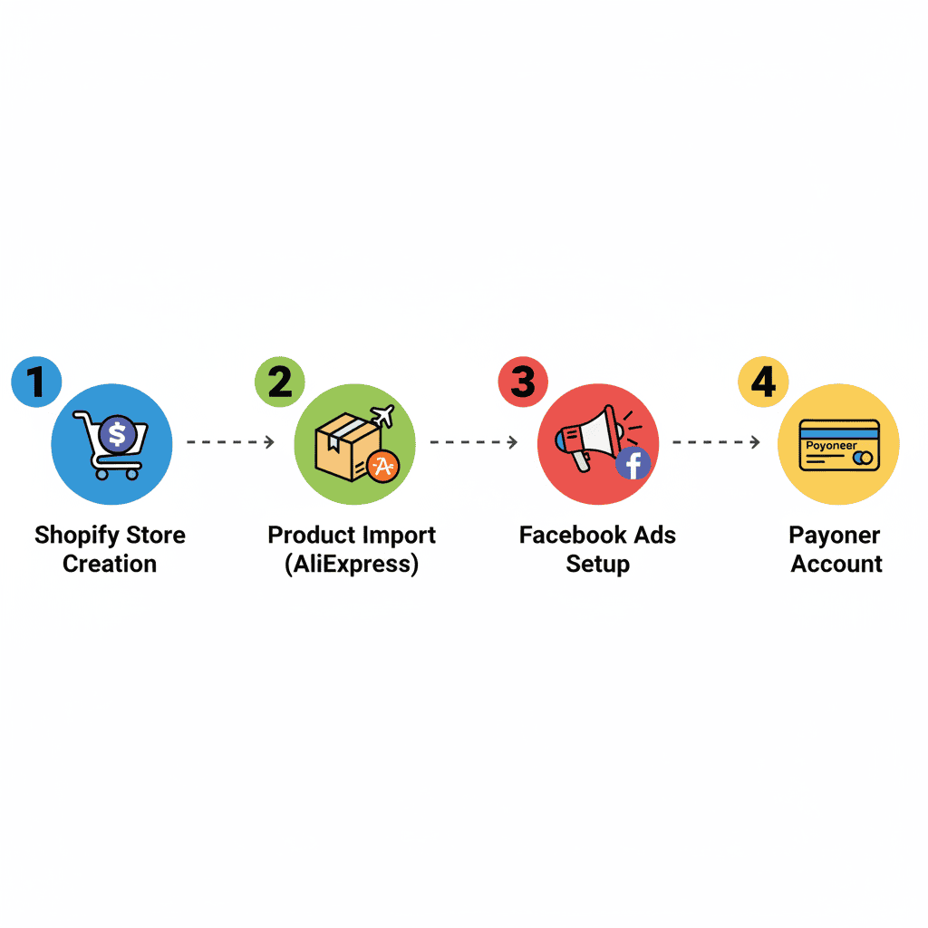 Dropshipping store setup steps for Sri Lanka including Shopify, AliExpress, Facebook Ads, and Payoneer payment setup