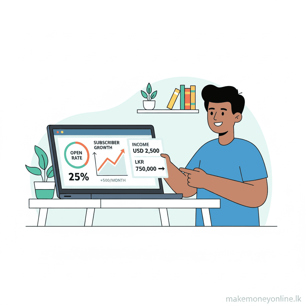 Email marketing income from Sri Lanka showing email campaign dashboard, subscriber list, and USD to LKR conversion