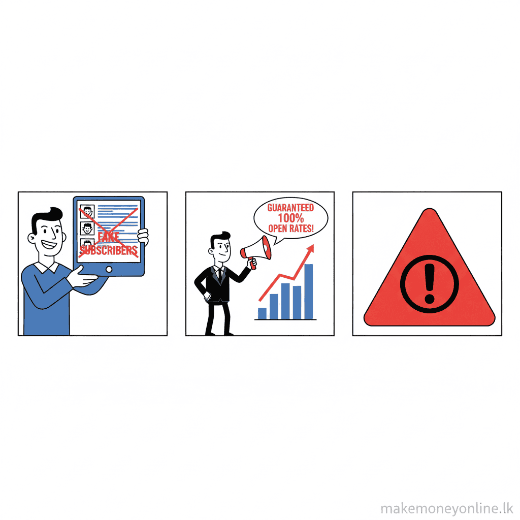 Email marketing scam warning signs including fake subscriber list sellers and fraudulent email marketing agencies