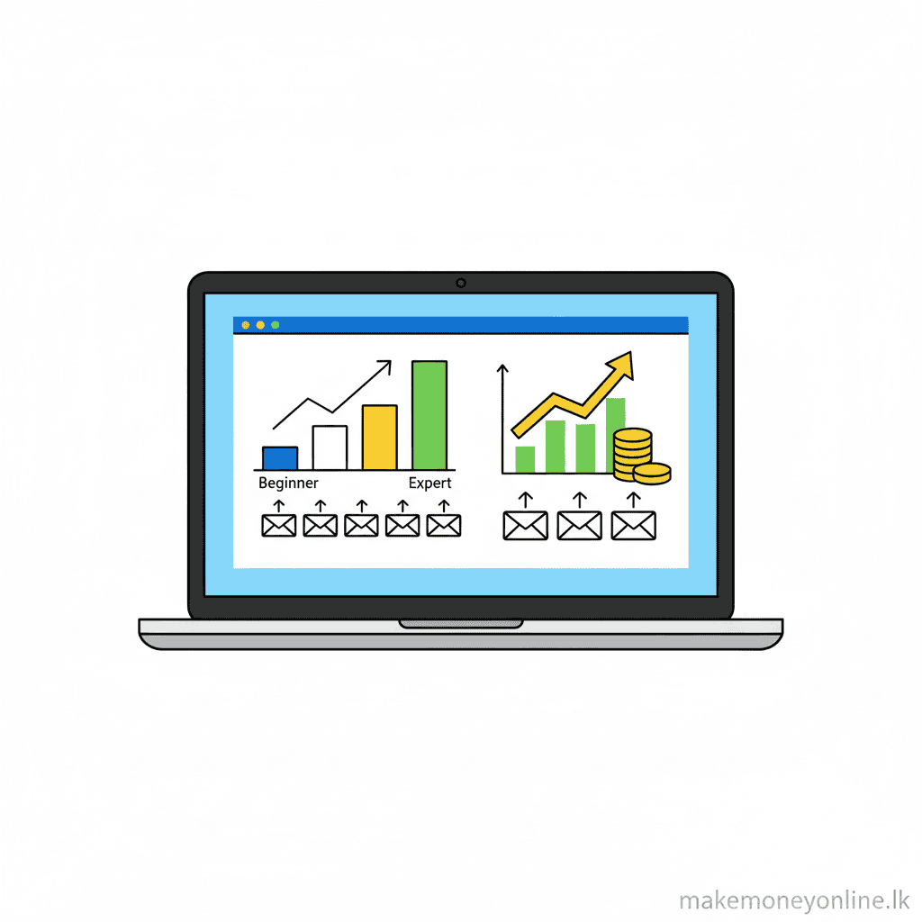 Email marketing income potential for Sri Lankan freelancers showing beginner to expert LKR monthly income growth
