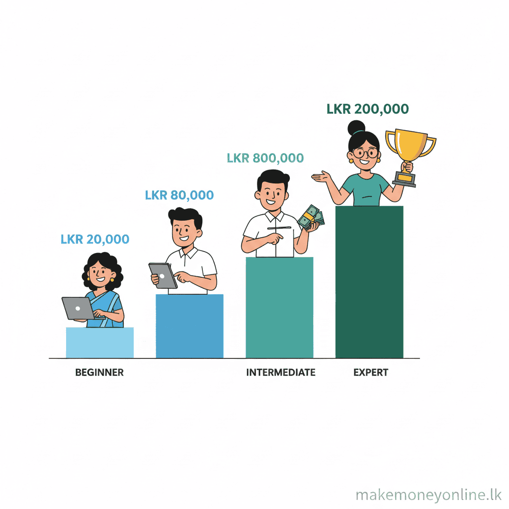 Freelance writing income growth chart showing LKR earnings from beginner to expert level for Sri Lankan writers
