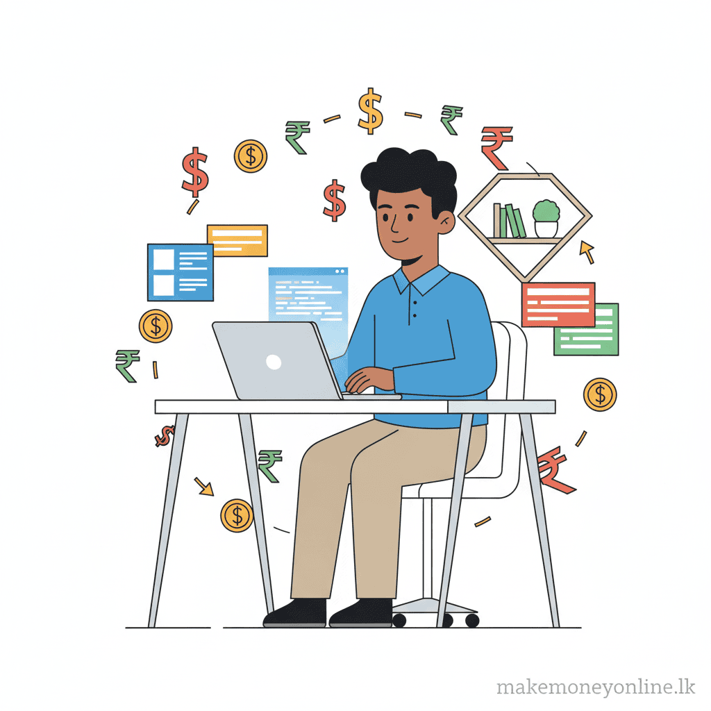 Freelance writing from Sri Lanka overview showing content writing, blogging, USD income converting to LKR, and platforms like Upwork and Fiverr