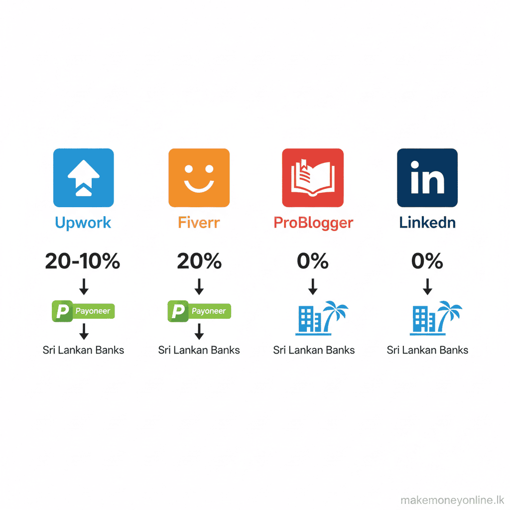 Freelance writing platforms for Sri Lanka including Upwork, Fiverr, ProBlogger, and LinkedIn with commission rates and payment methods
