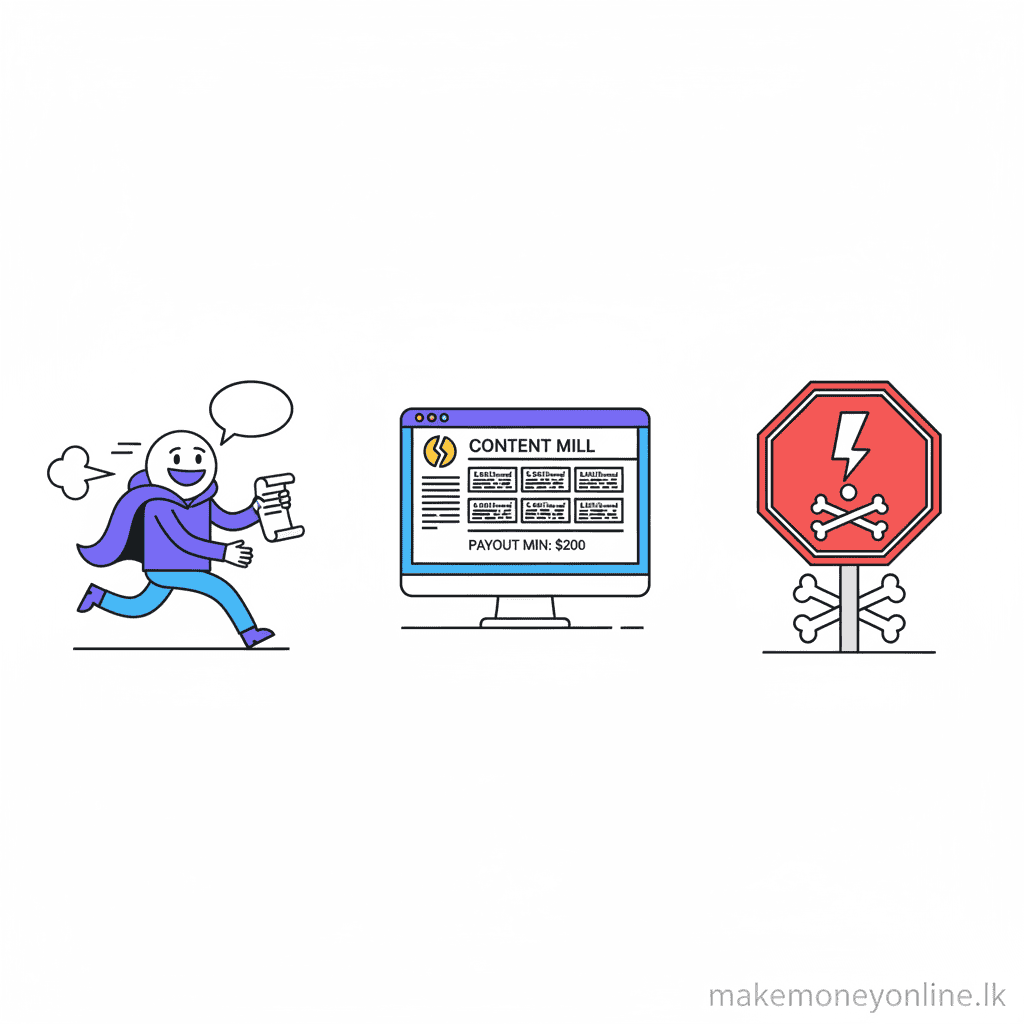 Freelance writing scam warning signs including fake writing agencies, content mills, and clients who disappear after receiving work