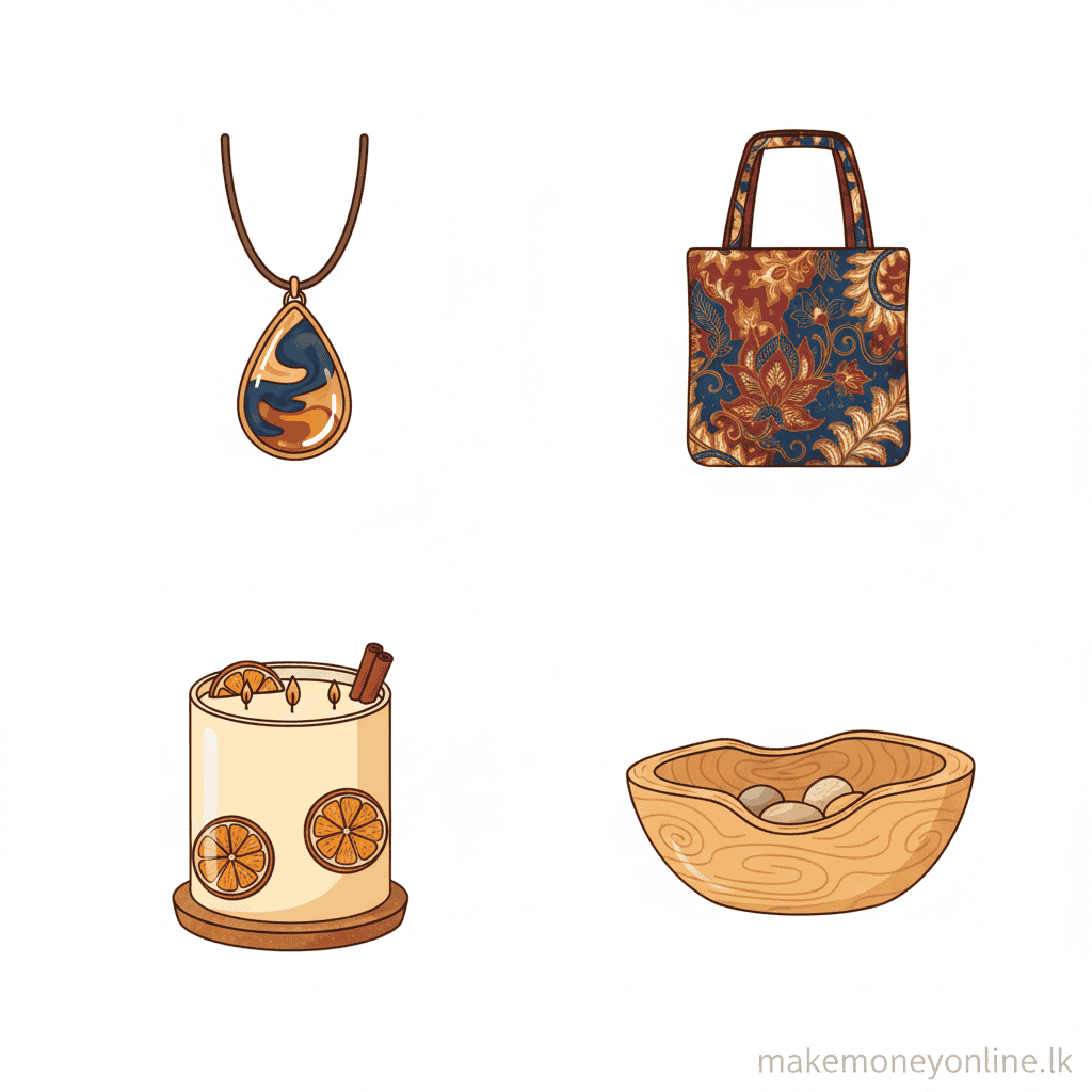 Best handmade craft products for Sri Lankan sellers including resin jewelry, batik bags, and candles