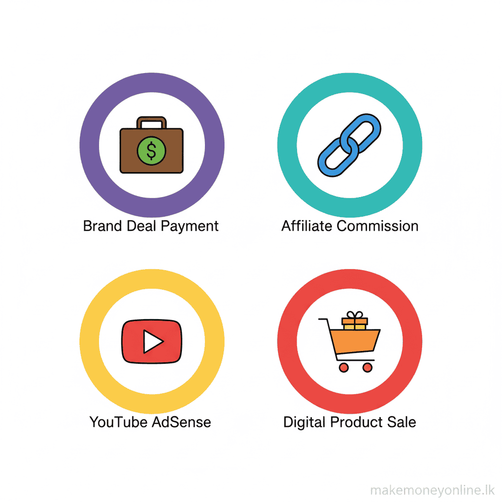 Social media influencer income streams in Sri Lanka including brand deals, affiliate income, AdSense, and digital products