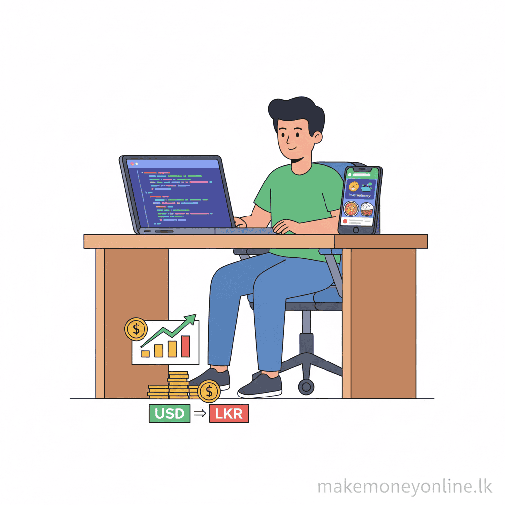Mobile app development income in Sri Lanka showing Flutter code, app on phone, and USD to LKR conversion