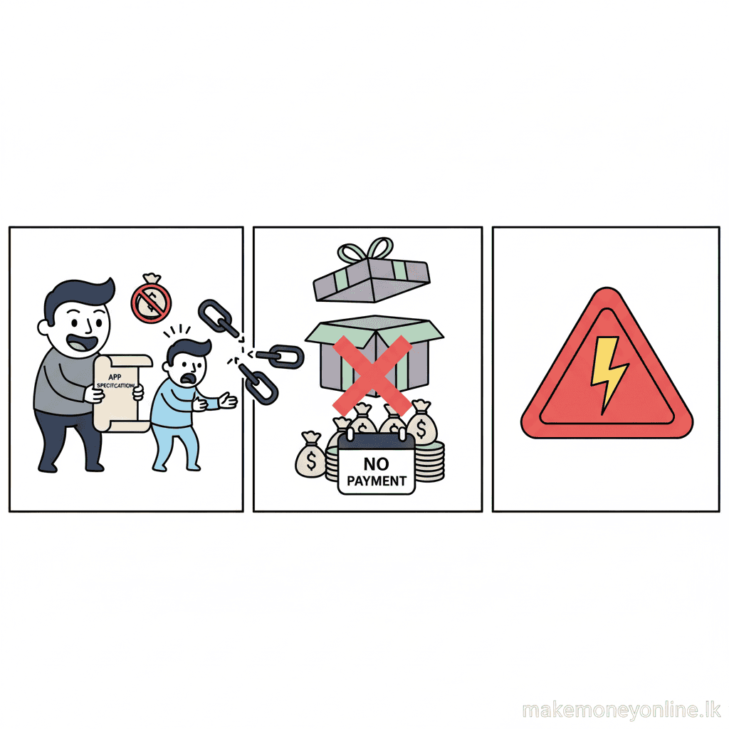 Mobile app development scam warning signs including spec theft and payment fraud