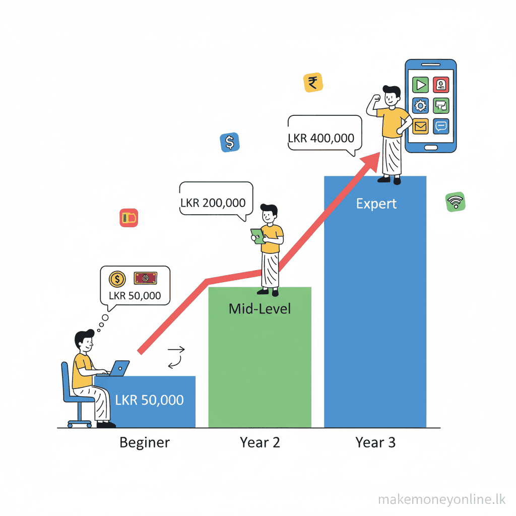 Mobile app development income potential in Sri Lanka showing beginner to expert LKR monthly income growth chart