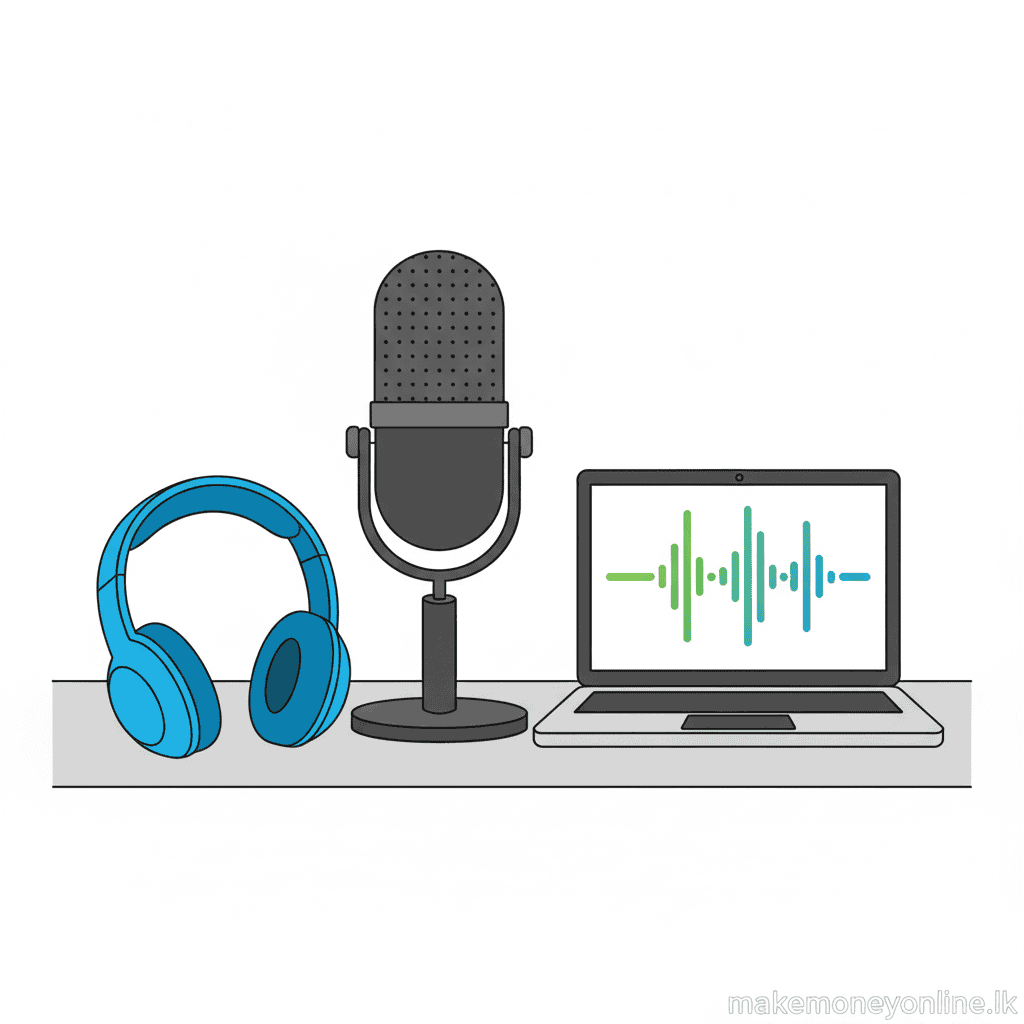 Podcast equipment for Sri Lankan creators including USB microphone, headphones, and free recording software