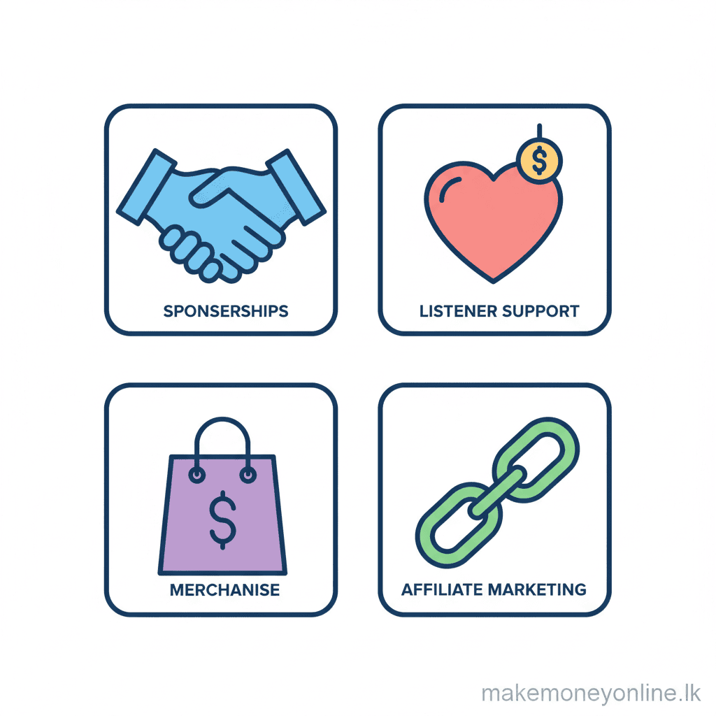 Podcast monetization methods including sponsorships, Patreon, affiliate marketing, and digital products