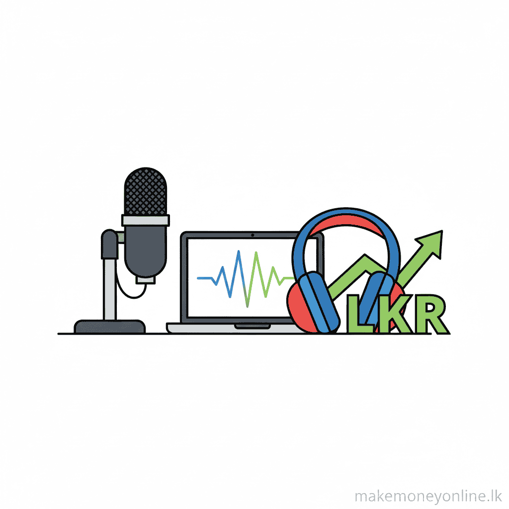 Podcasting income in Sri Lanka showing microphone, headphones, audio waveform, and LKR monthly earnings