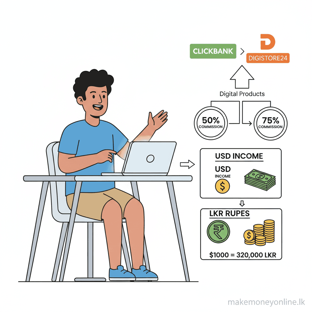 Promoting digital products as affiliate marketing from Sri Lanka showing commissions, platforms like ClickBank, and LKR income