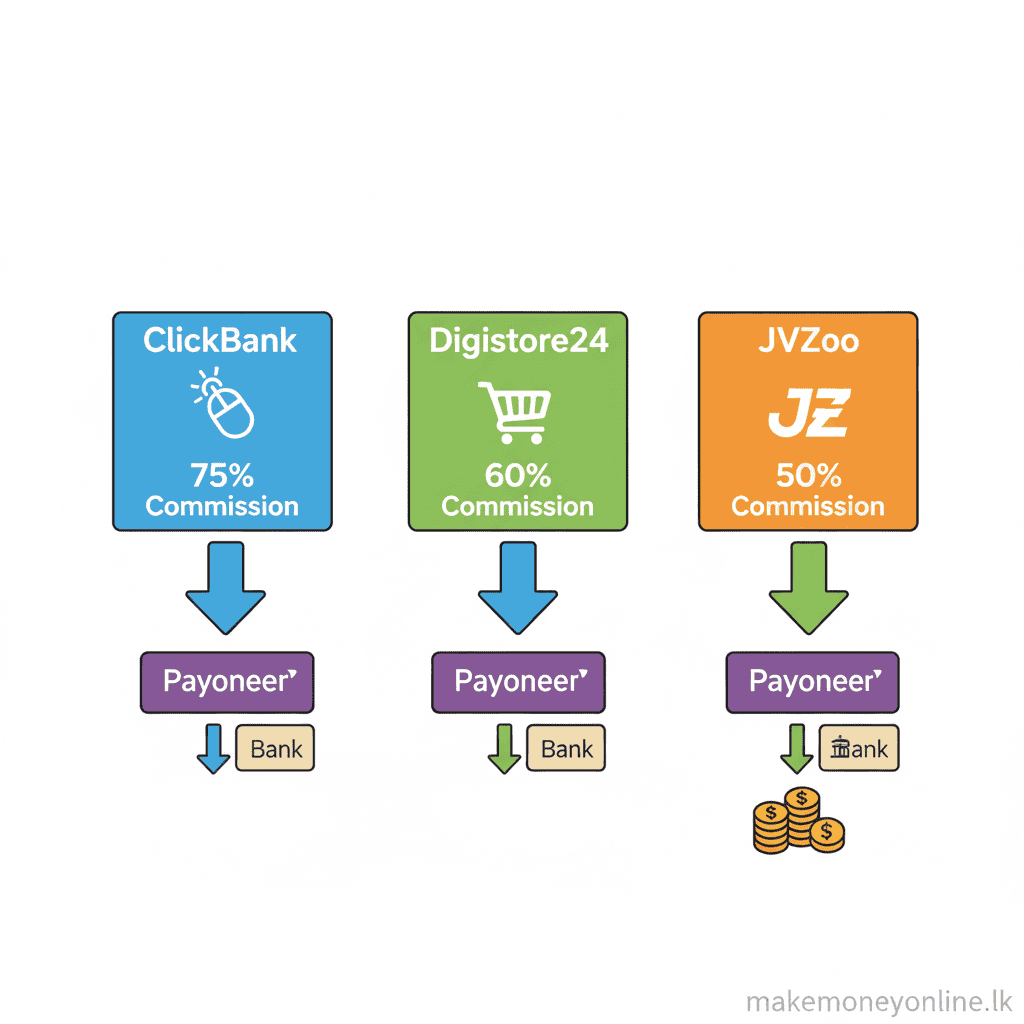 Digital product affiliate platforms for Sri Lankan affiliates including ClickBank, Digistore24, and JVZoo with commission rates and payment methods