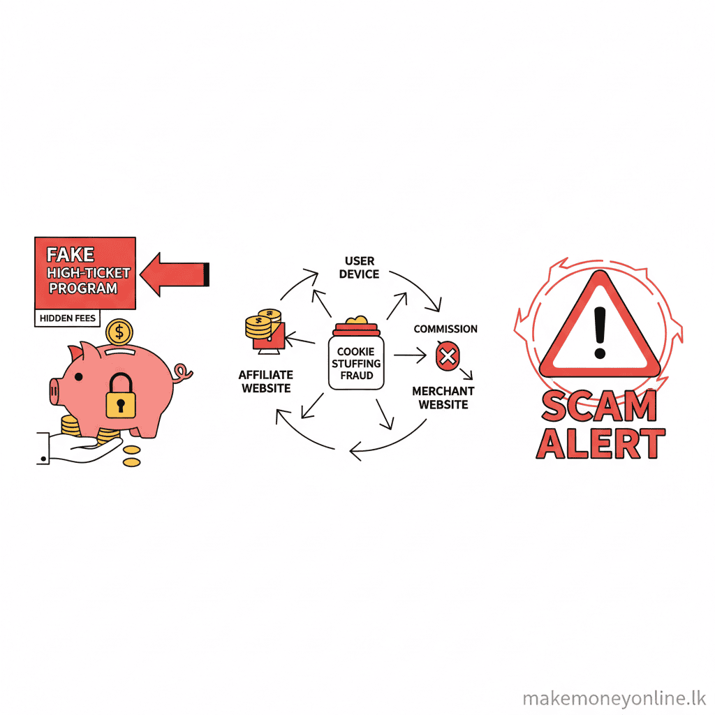 Digital product affiliate scam warning signs including fake high-ticket programs, cookie stuffing fraud, and schemes requiring upfront payment
