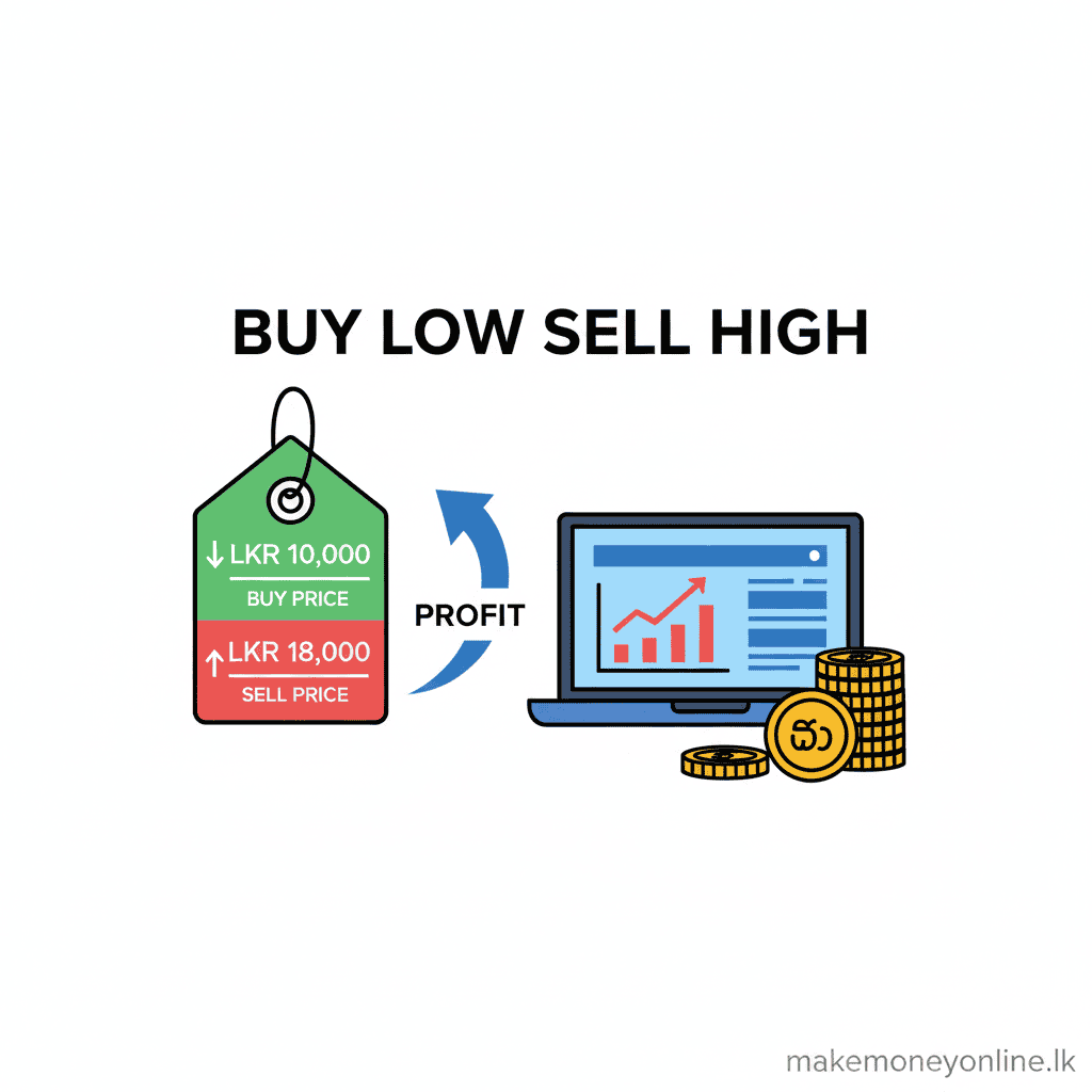 Reselling goods income in Sri Lanka showing buy low sell high process with LKR profit margins