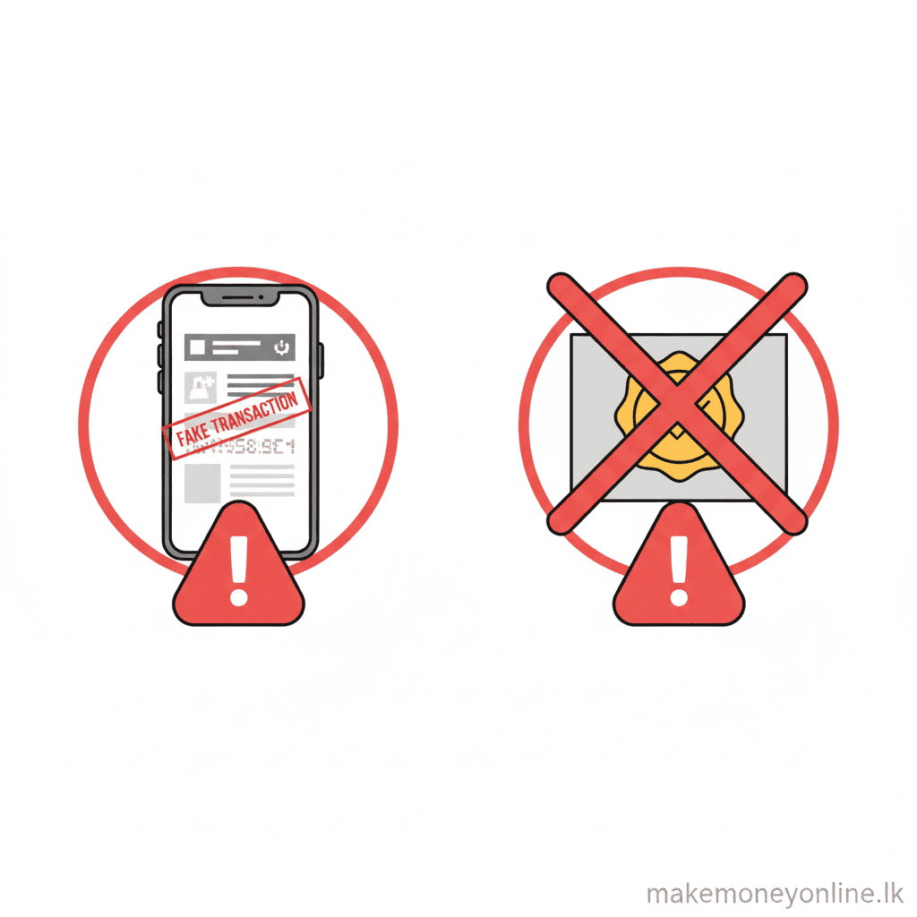 Reselling scam warning signs including fake payment screenshots and counterfeit goods