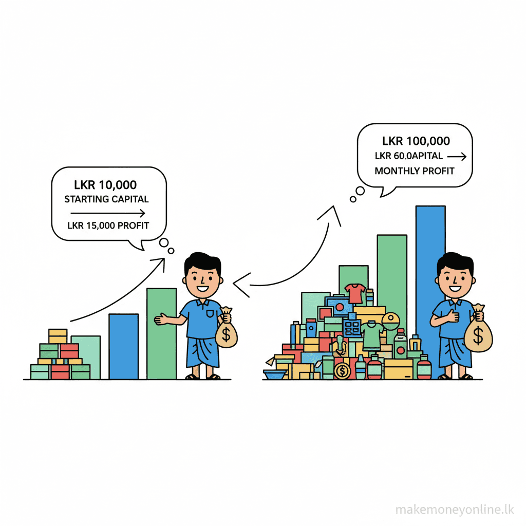 Reselling goods income potential in Sri Lanka showing working capital to monthly profit growth chart