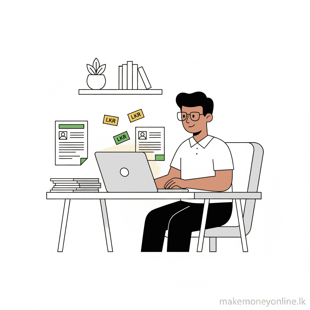 Resume writing service from Sri Lanka showing CV documents, LKR income, and online platforms like Upwork and Fiverr