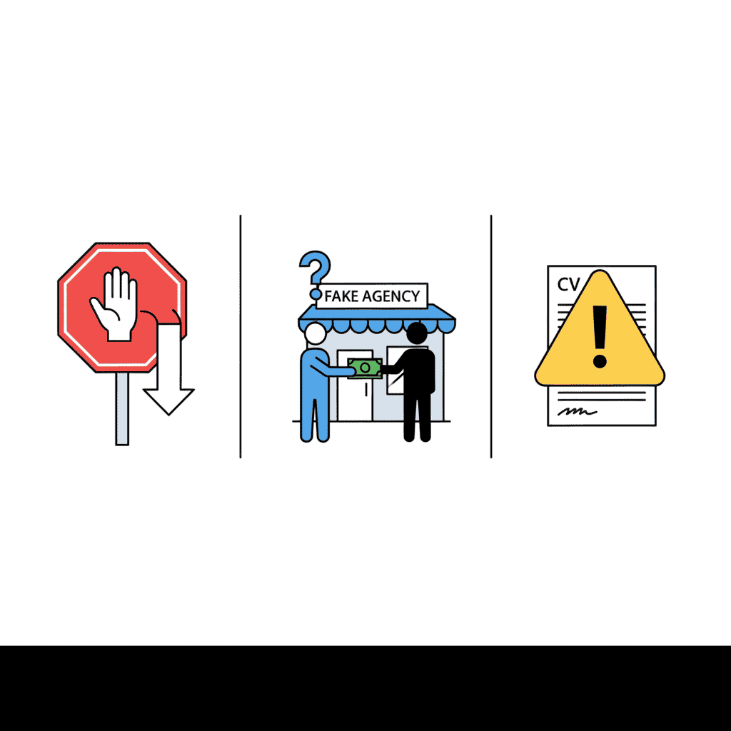 Resume writing scam warning signs including fake job boards charging fees, identity theft via CV submission, and fake writing agencies
