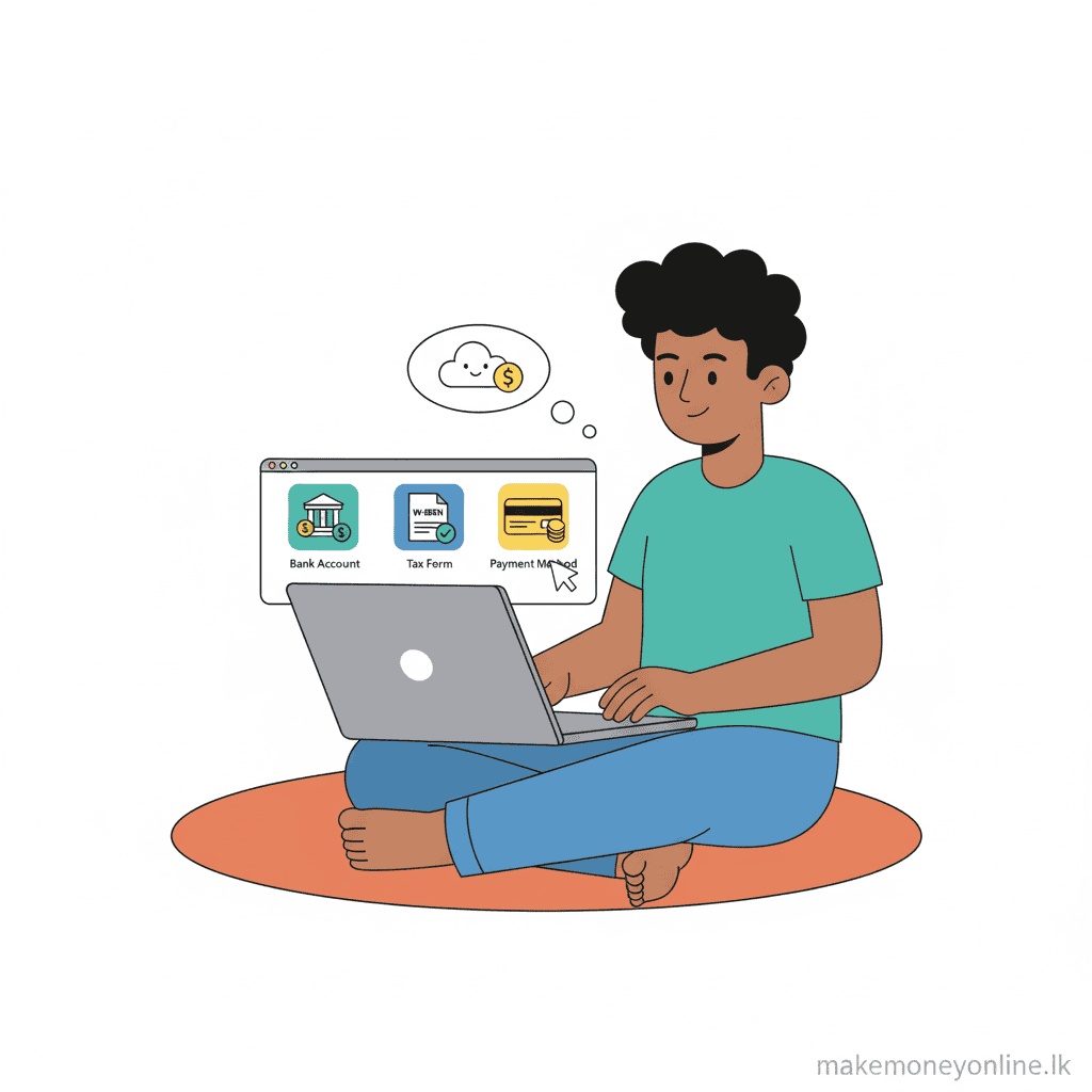 Amazon KDP account setup for Sri Lankan authors showing bank details, W-8BEN tax form, and payment settings