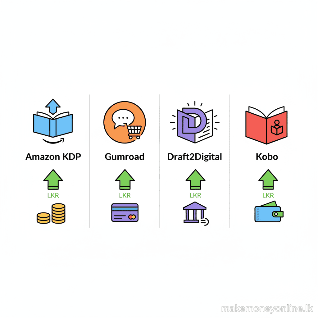 Self-publishing platforms for Sri Lankan authors including Amazon KDP, Gumroad, Draft2Digital, and Kobo with payment options