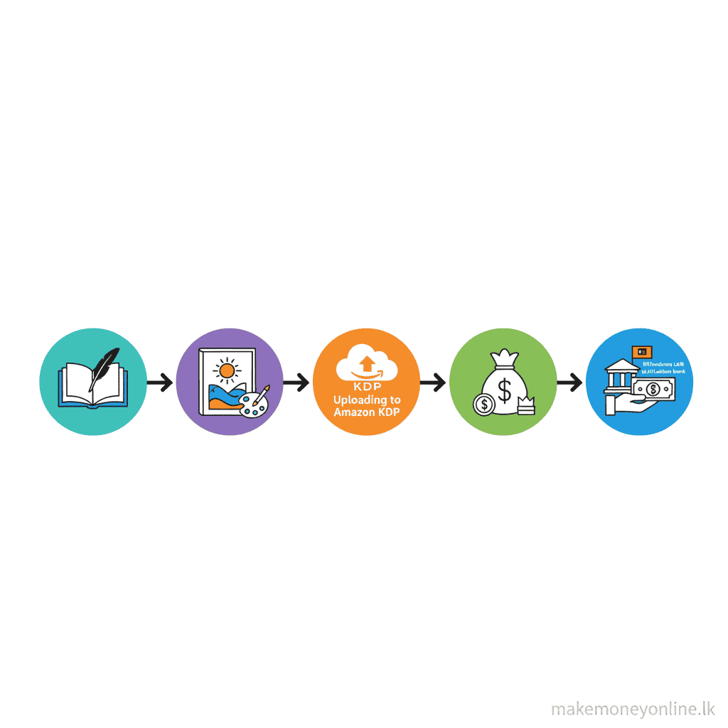 Self-publishing process for Sri Lankan authors showing steps from writing to receiving LKR payment