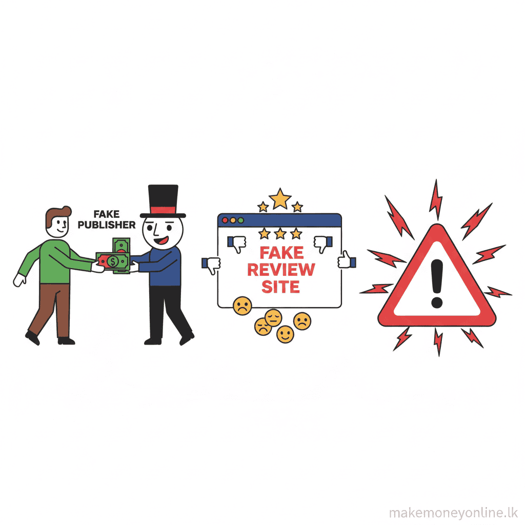 Book publishing scam warning signs for Sri Lankan authors including vanity publishers, fake review services, and publishing fee scams