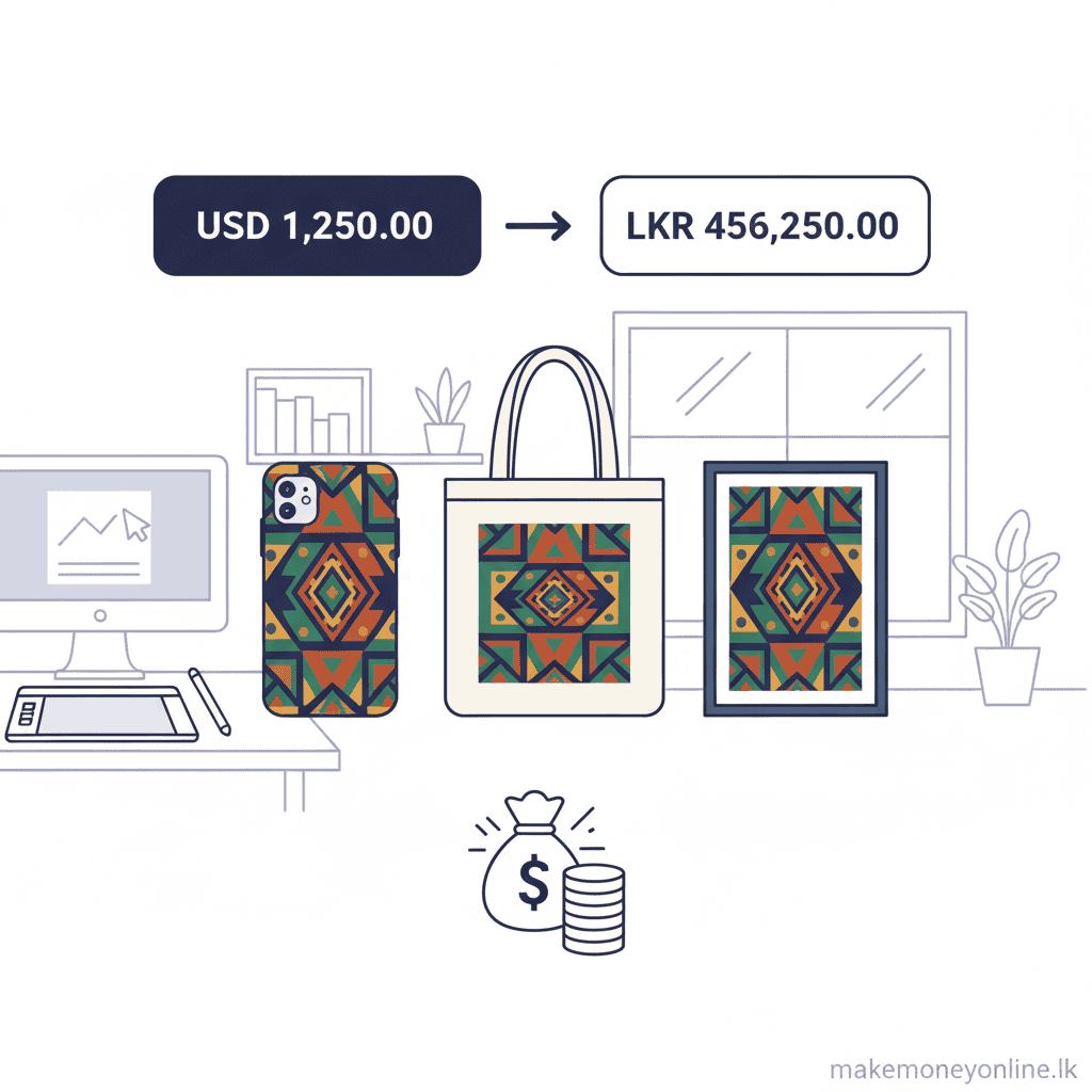 Selling digital art income from Sri Lanka showing illustration on products, marketplace listings, and USD to LKR conversion