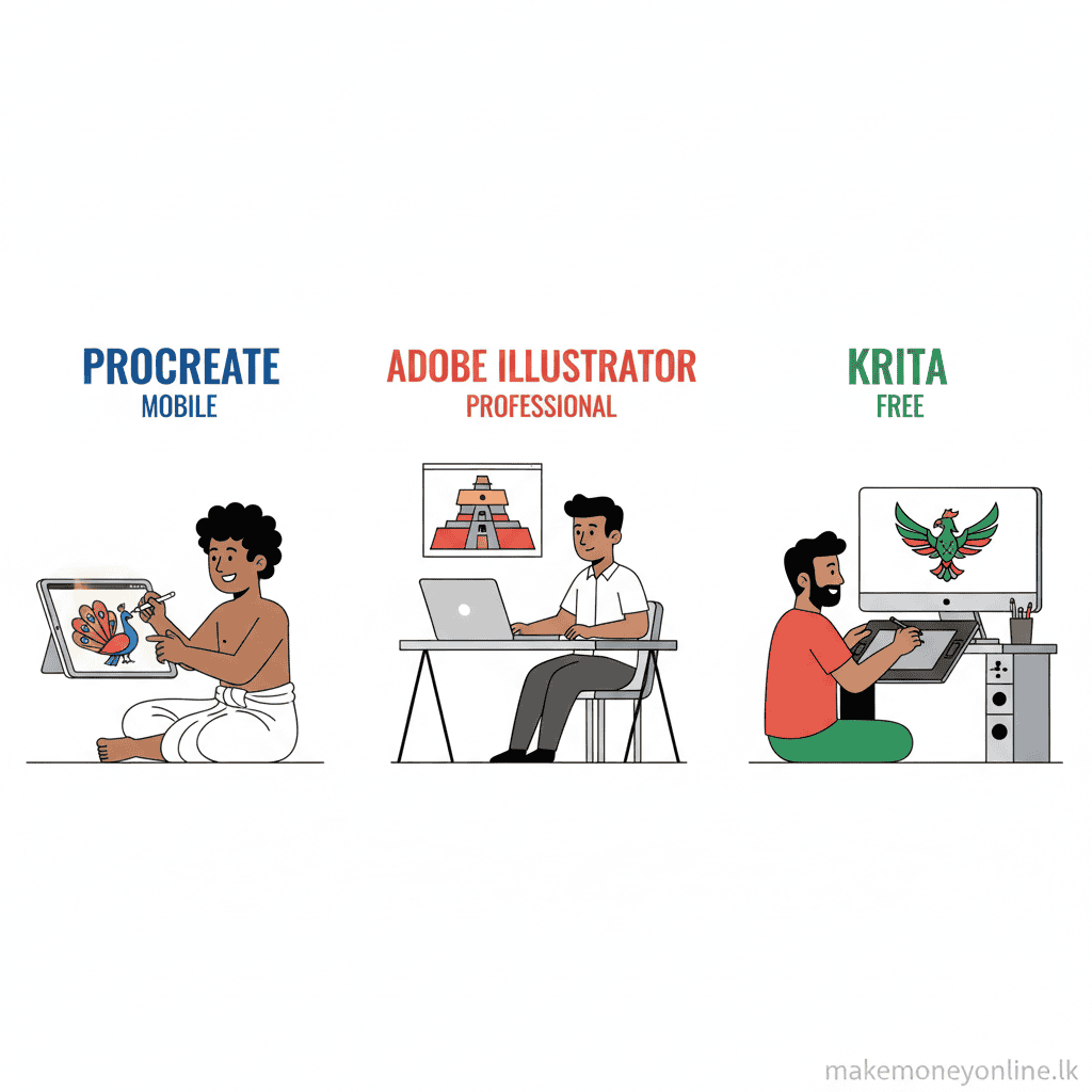 Digital art tools for Sri Lankan artists including Procreate on iPad, Adobe Illustrator, and free alternatives like Krita