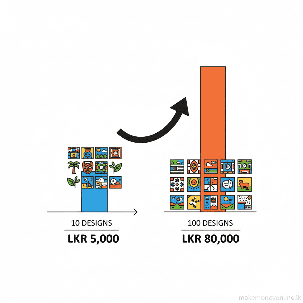 Digital art selling income potential in Sri Lanka showing design count to monthly LKR income growth chart