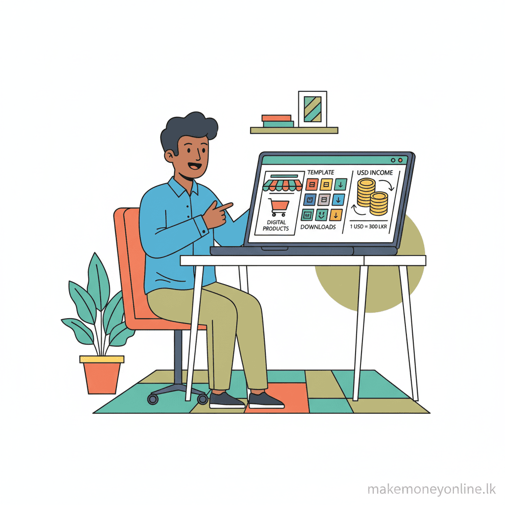 Selling digital products income from Sri Lanka showing template downloads, Etsy store, and USD to LKR conversion