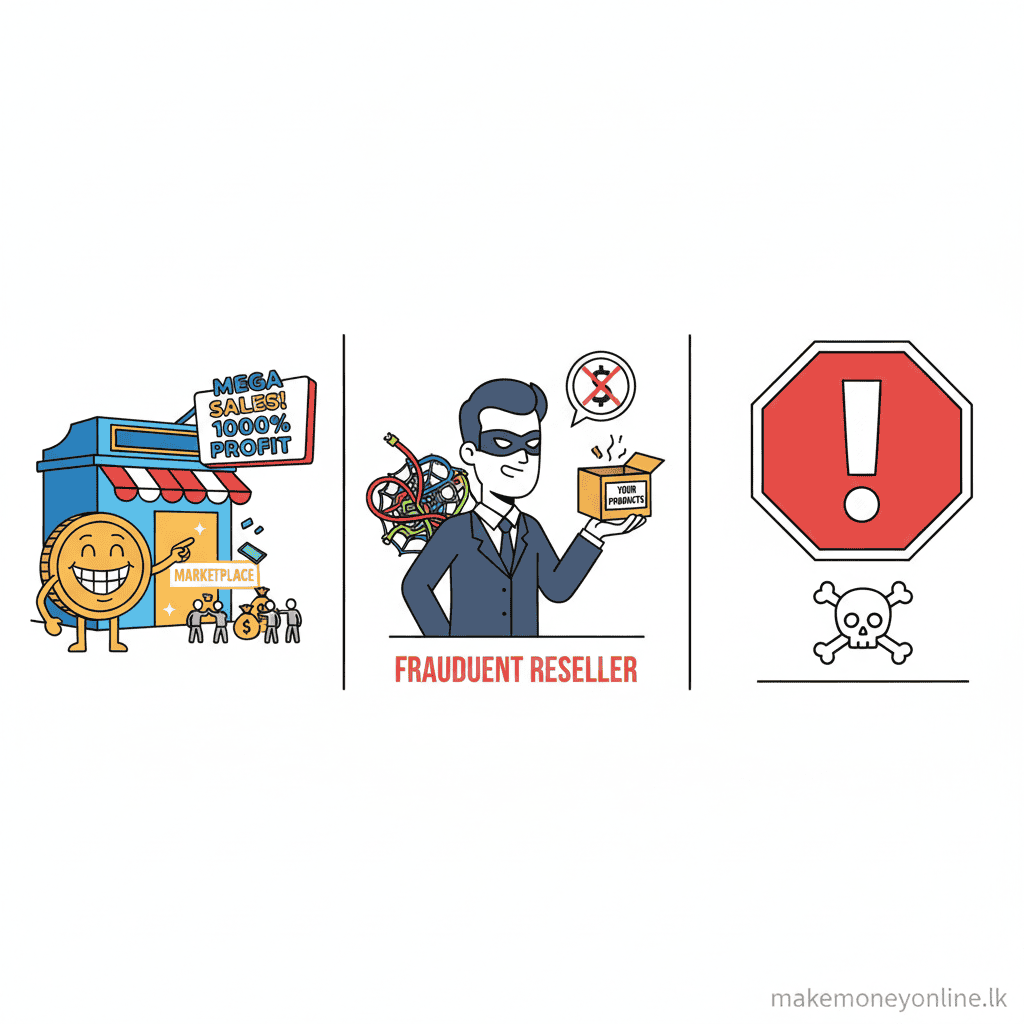 Digital product selling scam warning signs including fake marketplaces and fraudulent reseller schemes