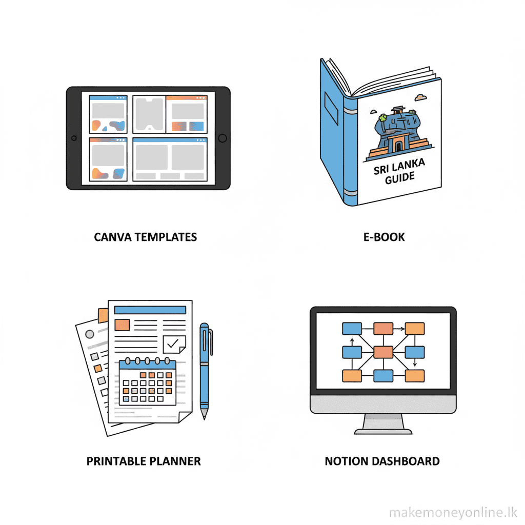 Types of digital products Sri Lankan sellers can create including Canva templates, e-books, printables, and Notion templates