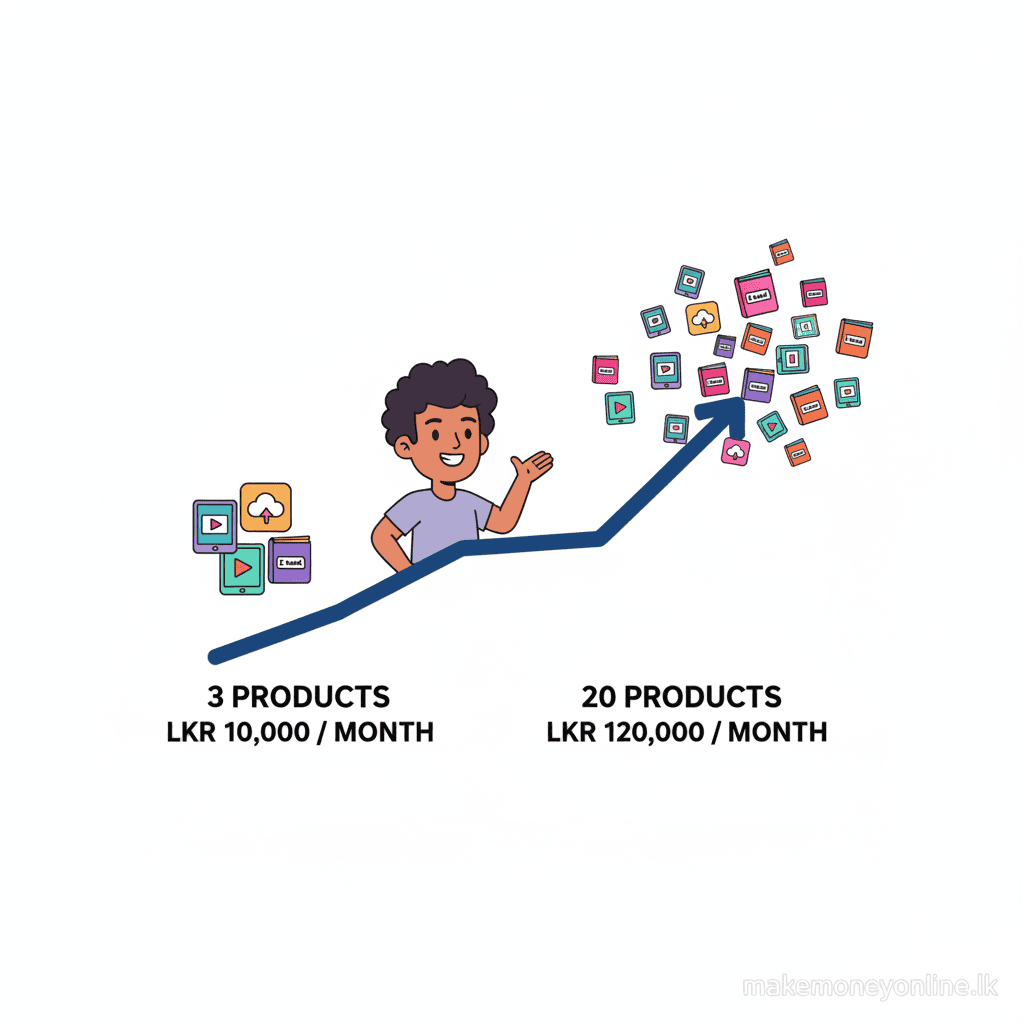 Digital products income potential in Sri Lanka showing product count to monthly LKR income growth chart