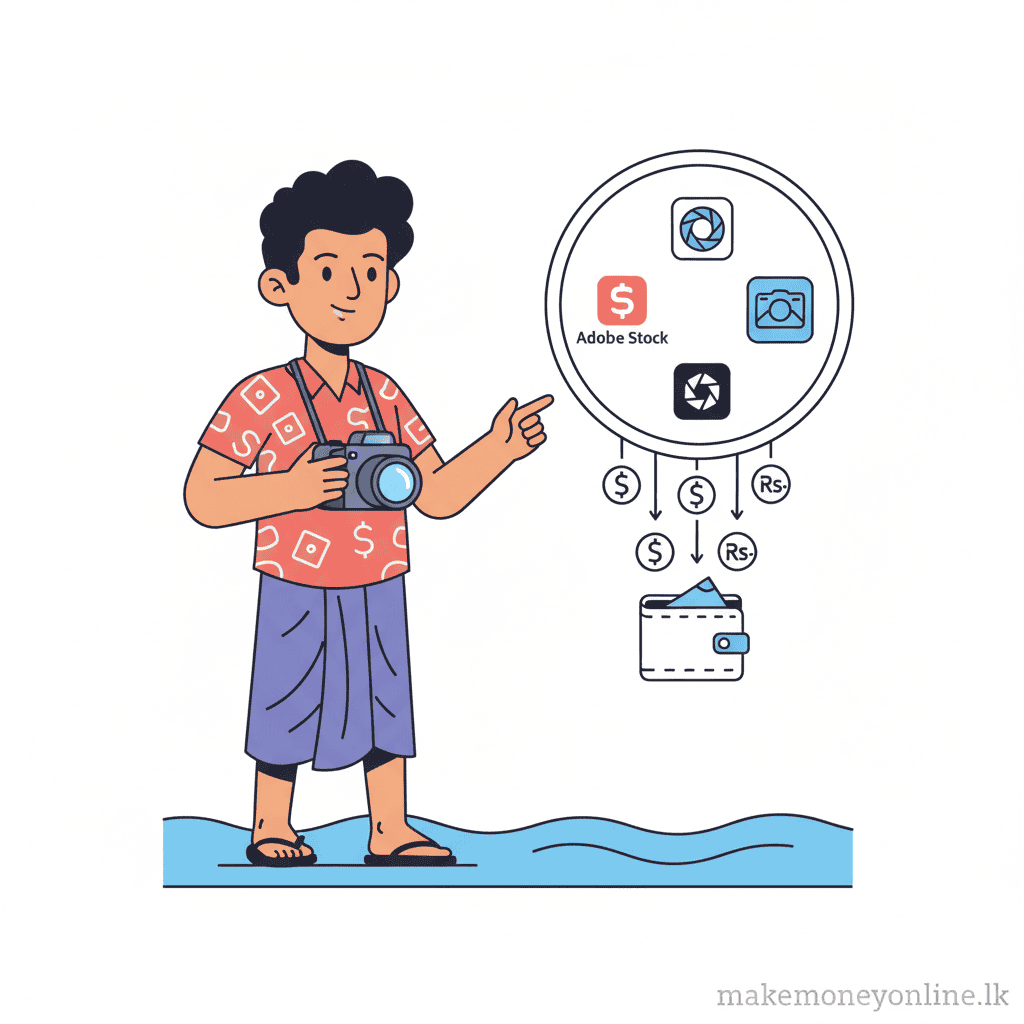Selling Stock Photos in Sri Lanka: Earn LKR 40,000+ Monthly (2026 Guide) Selling stock photos from Sri Lanka showing a photographer, stock platforms like Shutterstock and Adobe Stock, and LKR passive income