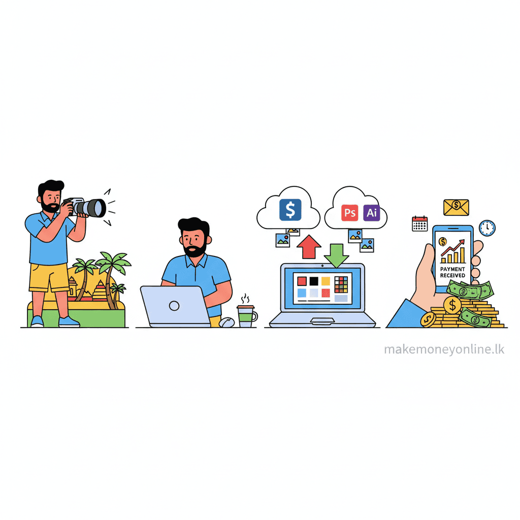 Selling Stock Photos in Sri Lanka: Earn LKR 40,000+ Monthly (2026 Guide) Stock photography process from taking photos in Sri Lanka to uploading, keywording, and earning passive royalties