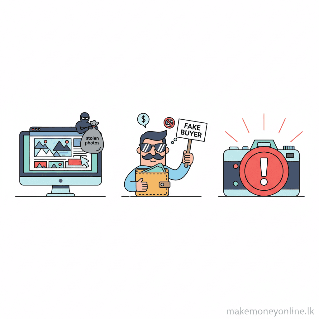 Selling Stock Photos in Sri Lanka: Earn LKR 40,000+ Monthly (2026 Guide) Stock photography scam warning signs including fake photo buying websites, photo theft, and fraudulent model release requests