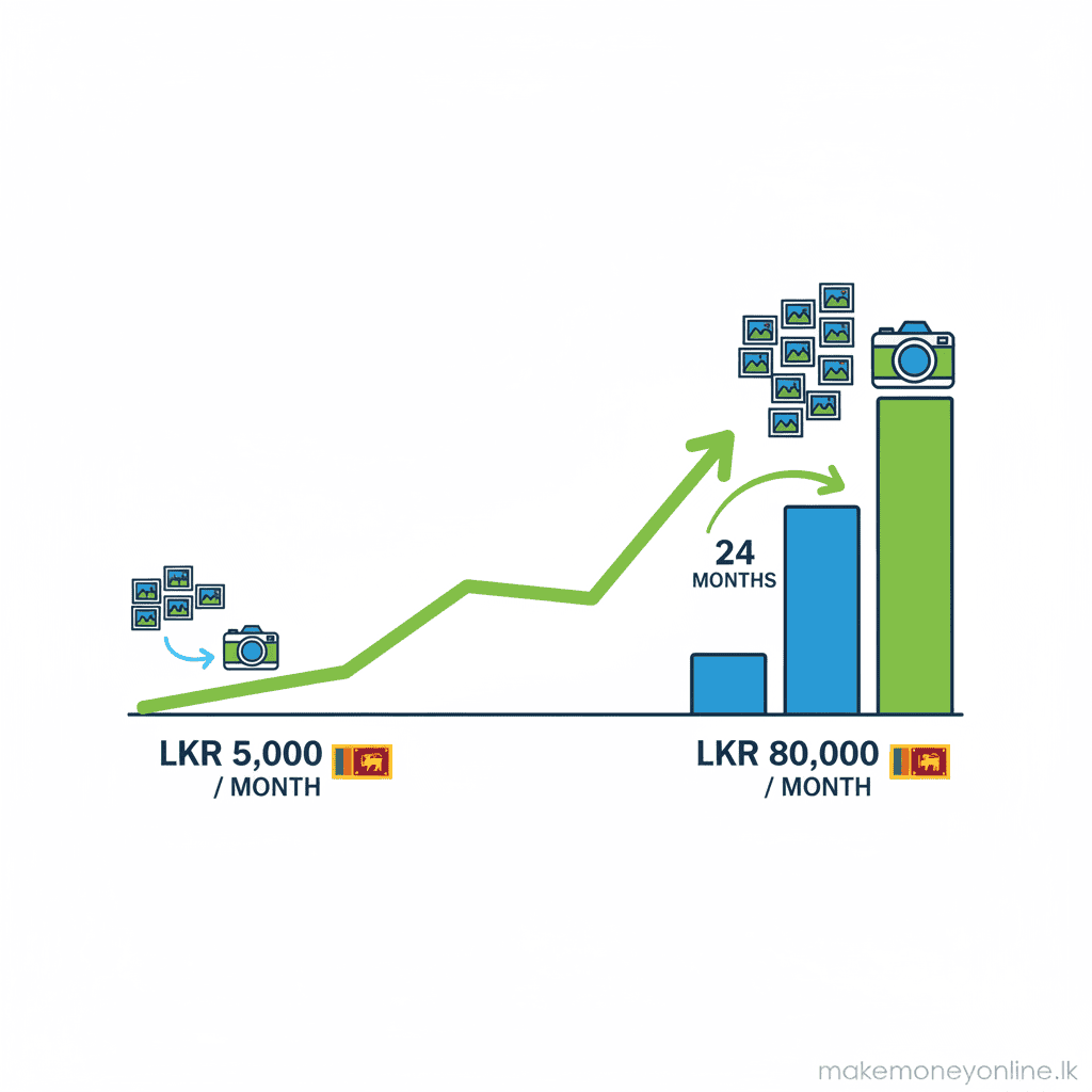 Selling Stock Photos in Sri Lanka: Earn LKR 40,000+ Monthly (2026 Guide) Stock photography income potential for Sri Lankan photographers showing passive income growth over time with portfolio size