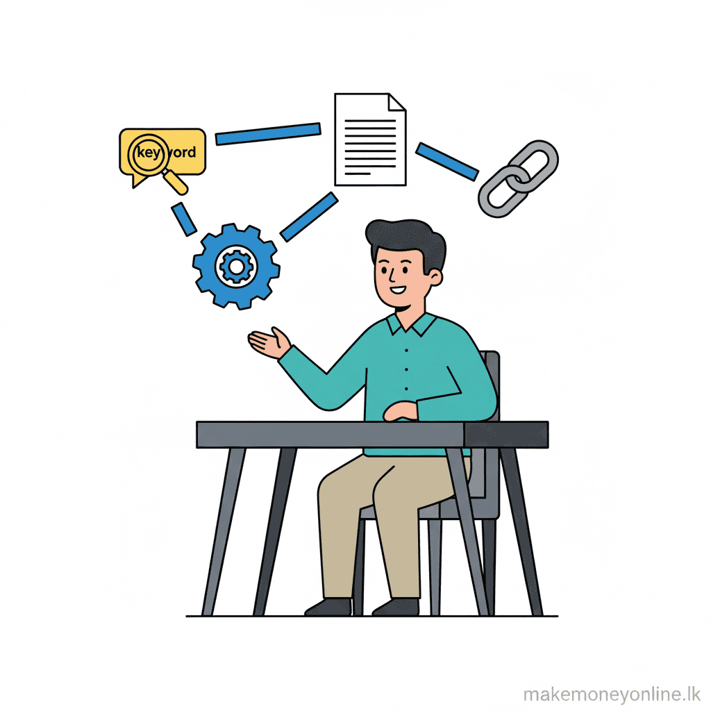 SEO Consulting in Sri Lanka: How to Earn LKR 80,000 or More Per Month (2026) SEO consulting overview showing keyword research, technical audit, content strategy, and link building for Sri Lankan clients